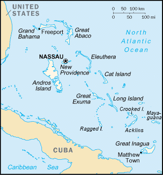 Map with Florida, Bahamas and a little south Map